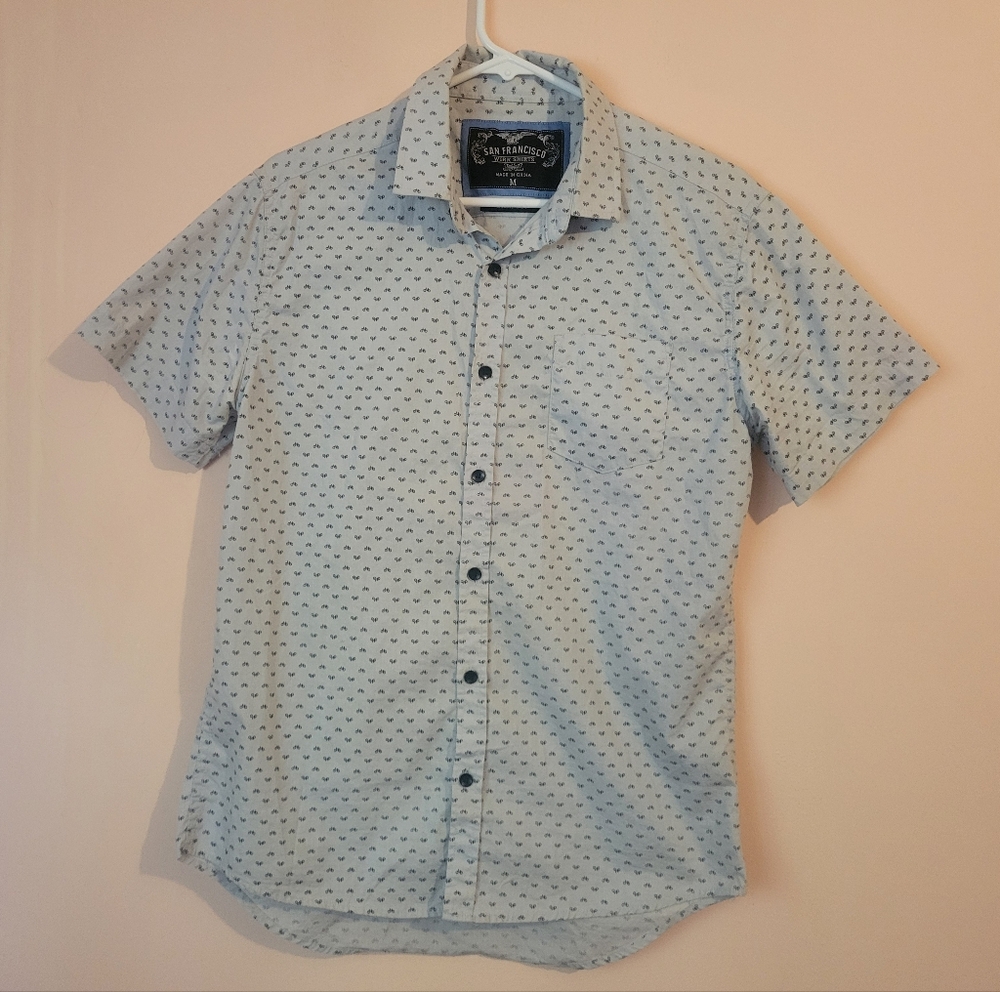 San Francisco Slim Fit Print Gray & Black Button-Down Work Shirt, M, EUC